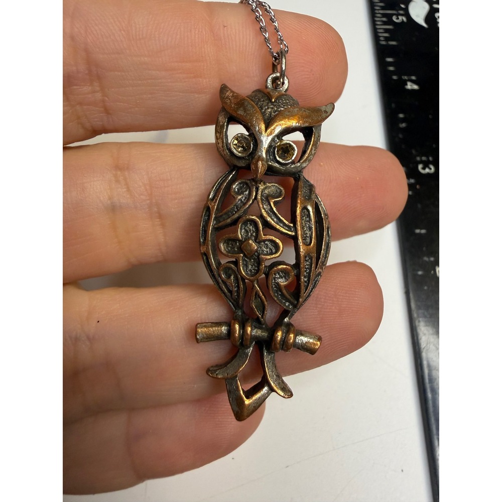 Owl Pendant Necklace Bronze Tone Filigree Bird Jewelry Yellow Rhinestone Eyes